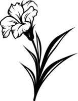 Simple, elegant black and white illustration of a single flower with detailed petals and leaves vector