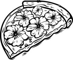 A black and white illustration of a single slice of pizza with floral toppings vector