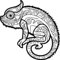 Intricate line art illustration of a chameleon with swirling patterns vector