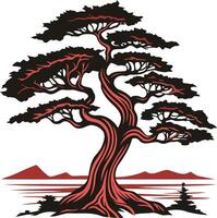 Silhouette of a Bonsai Tree Against a Mountainous Background vector