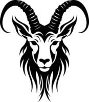 A bold and striking black and white illustration of a goat's head, perfect for tattoo designs, branding, or any project requiring a powerful and symbolic image vector
