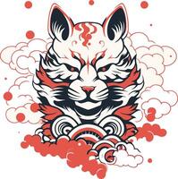 Japanese Style Red Fox Head with Clouds vector