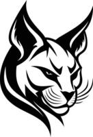 A bold and striking black and white logo featuring a fierce looking bobcat head with sharp, intense eyes vector