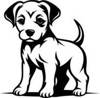 A cute black and white illustration of a puppy standing with a happy expression vector