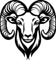 Black and white illustration of a ram's head, featuring intricate details of the horns and face vector