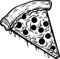A bold, black and white illustration of a pizza slice with dripping cheese and pepperoni vector