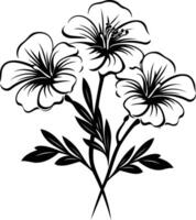 Simple black and white floral illustration of three flowers with leaves vector