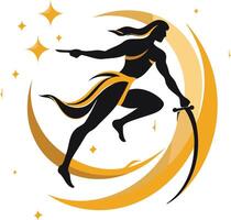 Silhouette of a Woman Leaping Through the Crescent Moon vector