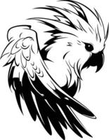 Black and white illustration of a parrot with its wing spread out vector