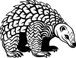 A detailed black and white illustration of a pangolin, a unique and endangered mammal vector