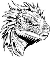Intricate line art illustration of a reptilian head with detailed scales and sharp teeth vector