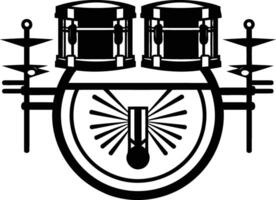 A simple yet powerful illustration of a drum set, featuring two drums and cymbals, in black and white vector