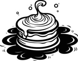A cartoon illustration of a stack of pancakes with a swirl of syrup on top, sitting in a pool of syrup vector