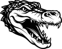 A fierce, black and white illustration of a crocodile's head with an open mouth, showing sharp teeth and a determined expression vector