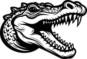 A fierce, detailed illustration of a crocodile's head in a black and white style vector
