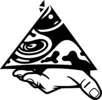 A bold and graphic tattoo design of a hand holding a triangle with a swirling, abstract pattern inside vector
