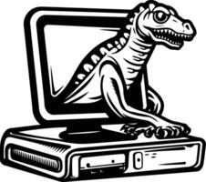 A fierce dinosaur bursts through a vintage computer screen, with a menacing grin vector