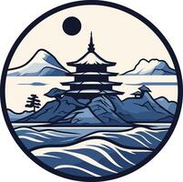 Japanese Temple on a Mountain Island in Blue Tones vector