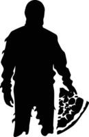 A mysterious silhouette of a person holding a pizza, perfect for creating a spooky, funny, or thought-provoking design vector