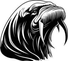 A striking black and white illustration of a walrus head in profile, showcasing its powerful tusks and intricate fur detail vector