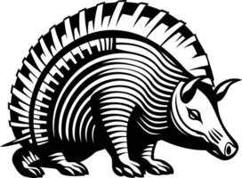 A striking black and white illustration of an armadillo, with a stylized, geometric design vector