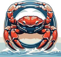 Crab Illustration with Circle Frame and Ocean Waves vector