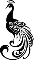Elegant black and white silhouette of a peacock with its tail feathers spread in a beautiful design vector