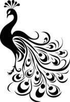 Elegant black and white silhouette of a peacock with a detailed, intricate design vector