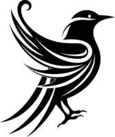 Stylized black and white bird silhouette with intricate, flowing feathers vector
