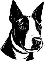 A striking black and white illustration of a bull terrier's head, perfect for tattoo designs, branding, or any project that needs a bold and strong visual vector