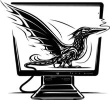 A black and white illustration of a mythical creature, a dragon, emerging from a computer screen vector