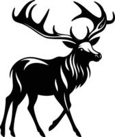 A stylized black and white silhouette of a majestic deer with large antlers, perfect for creating logos, branding, or illustrations vector