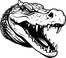 A ferocious alligator head with sharp teeth and a menacing open mouth, rendered in a detailed black and white illustration vector