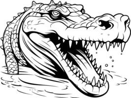 A fierce black and white illustration of a crocodile's head emerging from the water, showcasing sharp teeth and a menacing expression vector