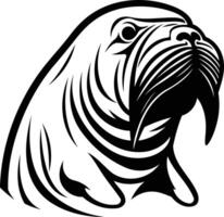 A bold, black and white illustration of a walrus head, perfect for tattoos, logo design, or branding vector