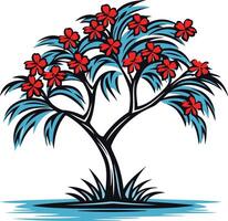 Stylized Tree with Red Flowers and Blue Foliage vector