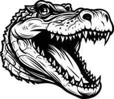 A detailed, black and white illustration of a ferocious alligator head with a wide open mouth, showcasing sharp teeth and a textured design vector