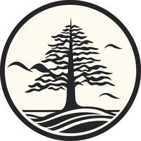 Cedar Tree in Circle with Mountains and Birds vector