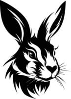 A striking black and white illustration of a rabbit's head, rendered in a bold, graphic style vector