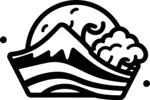 A bold, black and white logo design featuring a mountain, waves, and a tree vector