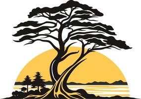 Silhouette of a Lone Tree Against a Sunset vector