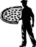 Silhouette of a pizza chef holding a pizza, perfect for restaurant menus, food blogs, and social media posts vector