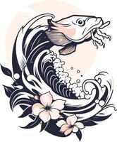 Japanese style Illustration of a Fish Leaping from the Waves vector