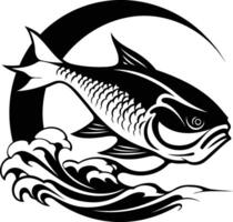 Black and white illustration of a fish leaping out of the water, with a wave behind it vector