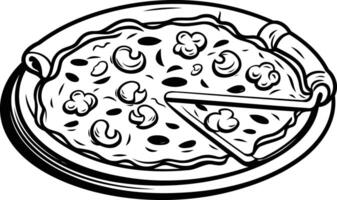 Black and white illustration of a delicious pizza with a slice removed, perfect for menu design or food-related projects vector