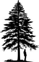 A solitary figure stands beneath the imposing silhouette of a towering pine tree vector