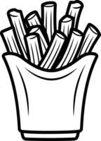 A simple, black and white illustration of french fries in a paper container, perfect for coloring books, educational materials, or food-related projects vector