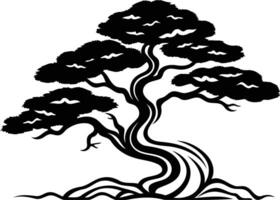 A striking black and white silhouette of a bonsai tree, showcasing its intricate branches and gnarled trunk vector