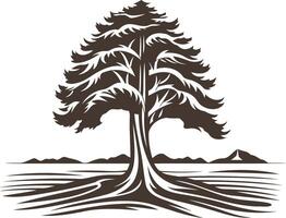 Silhouette of a Majestic Tree with Mountains in the Distance vector