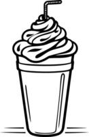 Black and white line drawing of a milkshake with whipped cream and a straw vector